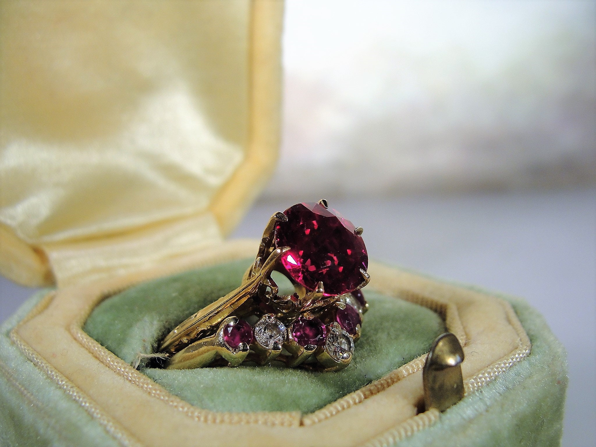 10K Victorian Bridal Rings, Ruby Engagement Ring, 14K Ruby &amp; Diamond