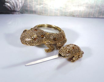 Vintage Bombay Company Brass Frog Desk Set: Bejeweled Trinket Box