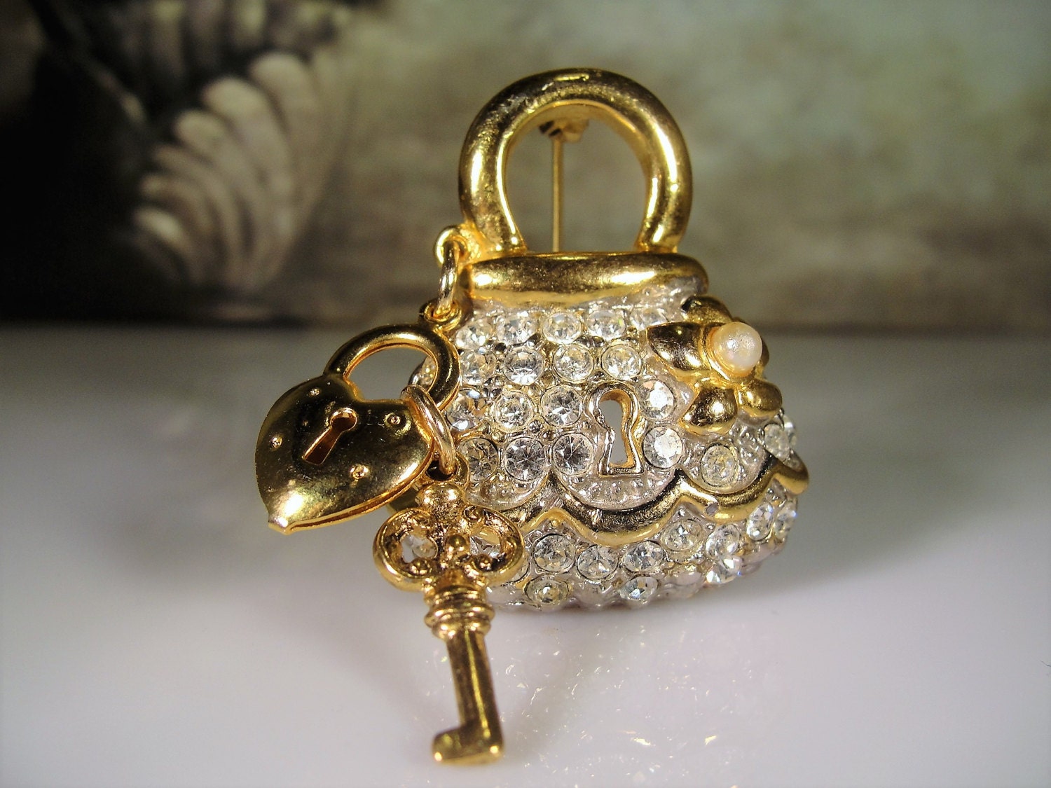 Purse Key Brooch, Rhinestone Brooch, Rhinestone Handbag Brooch, Key