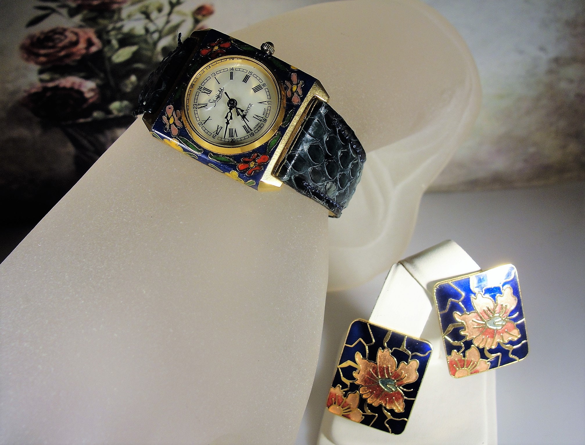 Cloisonné Watch & Earrings Set, Ladies Wrist Watch, Genuine Leather