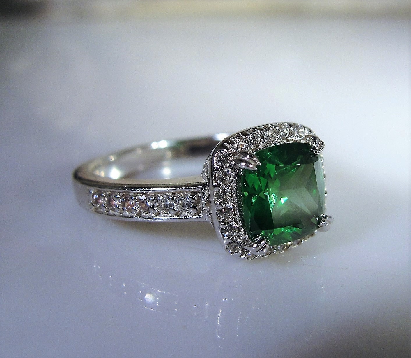 Beautiful Emerald Green Square Cut CZ Sterling Silver Ring, Princess ...