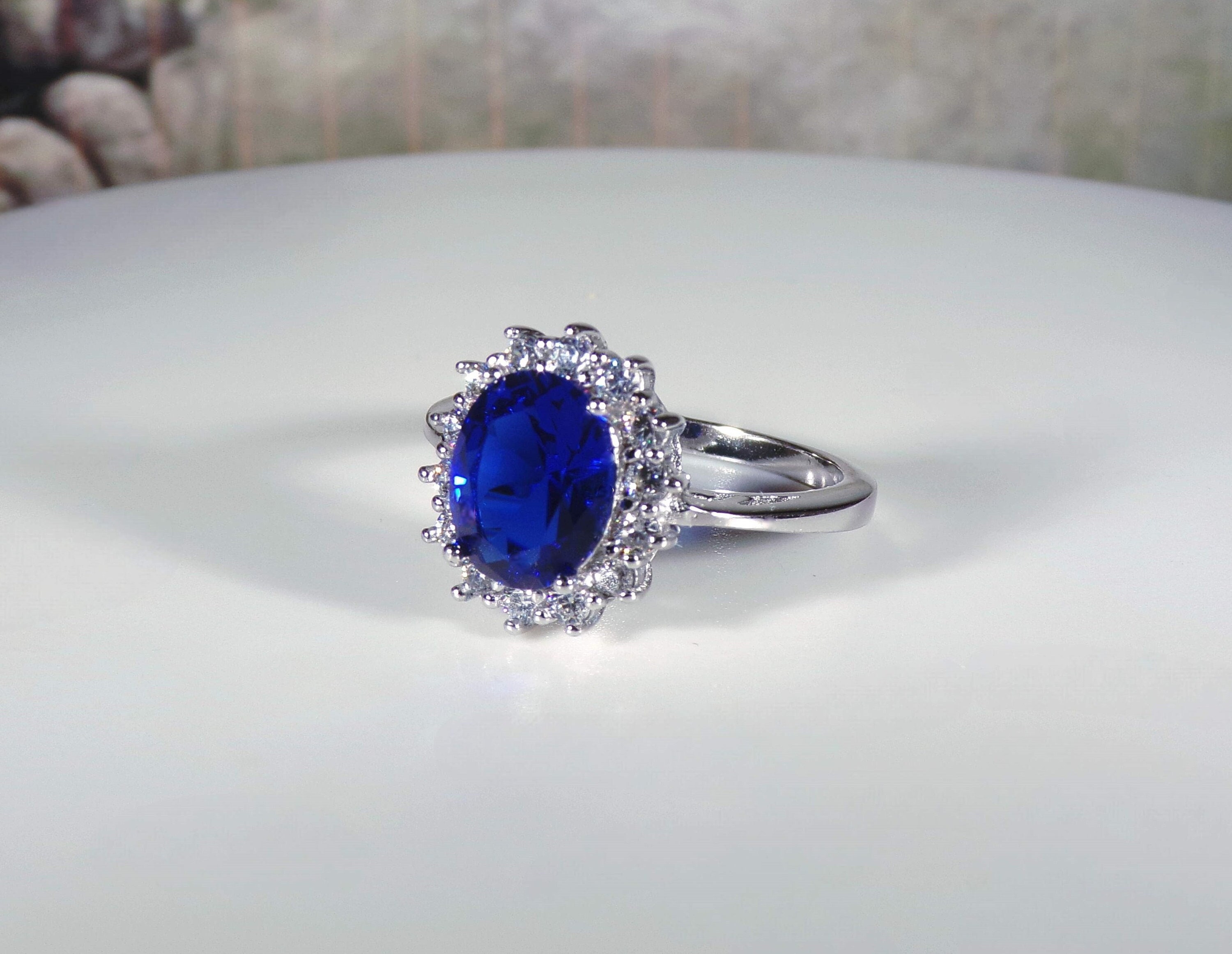 Diamond and Sapphire Diana Engagement Ring Bridal Set 14k Gold 8x6mm