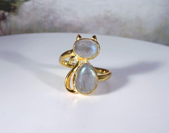 Labradorite Cat Ring – Gold Vermeil Bluish Gray C… - image 1