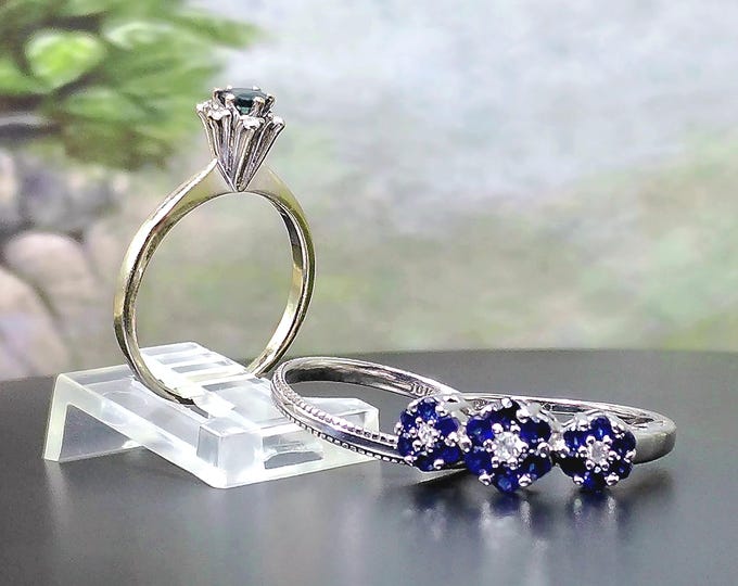 Bridal Ring Set – Solid White Gold Blue Sapphire & Diamond Floral Rings – 3 Rings – Size 6 – Free Sizing