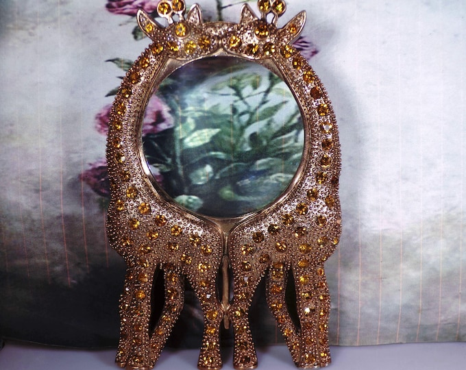 Magnifying Glass – Bombay Company Citrine Rhinestone Brass Giraffe Magnifying Glass – Desk Accessory – Kissing Giraffes - Vintage Home Decor
