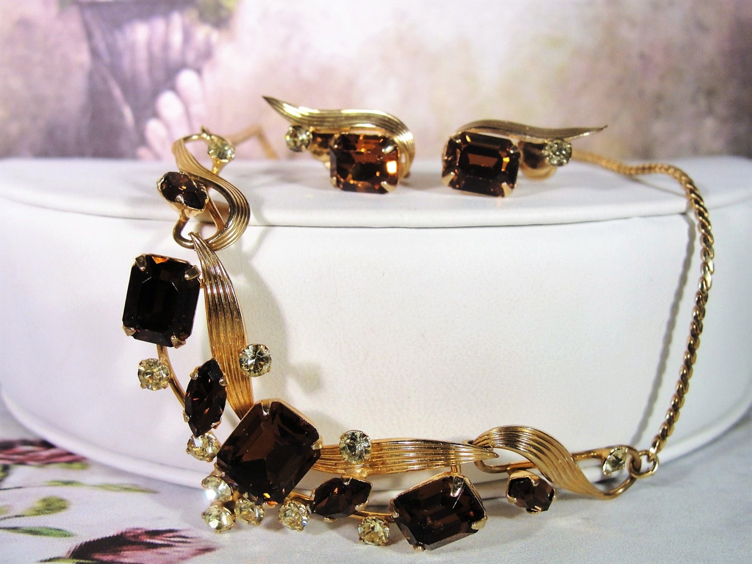 VAN DELL 1/20 12K Gold Filled Root Beer Colored Topaz Necklace and Earrings  Jewelry Set, Vintage Jewelry Set