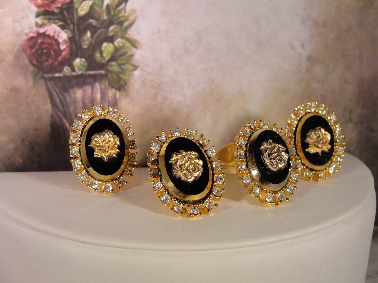 Cufflinks Earrings Set, Celebrity New York Earrings & Cufflinks Set, Black Beveled Glass, Gold