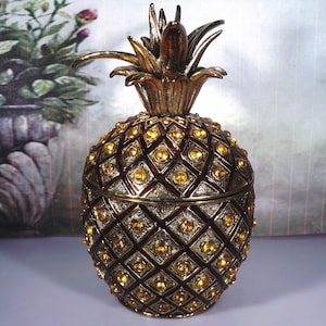 Trinket Box - Bombay Company Citrine Color Rhinestone Encrusted Brass Pineapple Trinket Box w/ Red Enameling, Vintage Pineapple Collectible