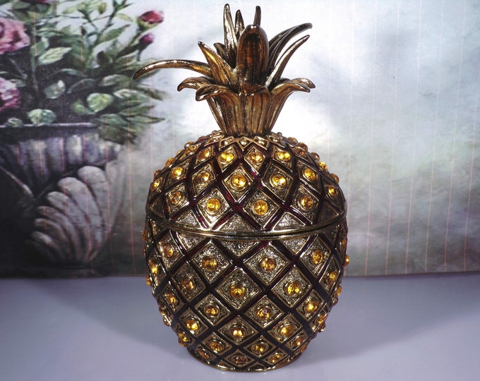 Trinket Box - BOMBAY COMPANY Citrine Color Rhinestone Encrusted Brass Pineapple Trinket Box w/ Red Enameling, Vintage Pineapple Collectible