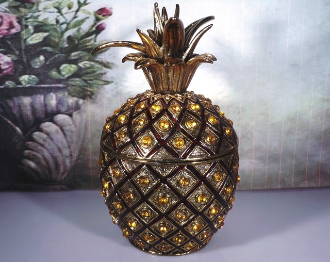 Trinket Box - Bombay Company Citrine Color Rhinestone Encrusted Brass Pineapple Trinket Box w/ Red Enameling, Vintage Pineapple Collectible