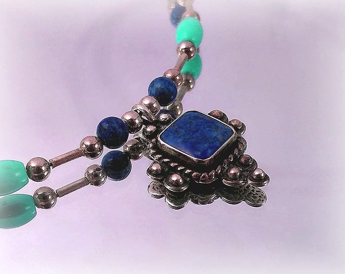 Wire Choker Necklace - Lapis Lazuli Pendant - Turquoise beads - 925 Sterling Silver – Native American Style