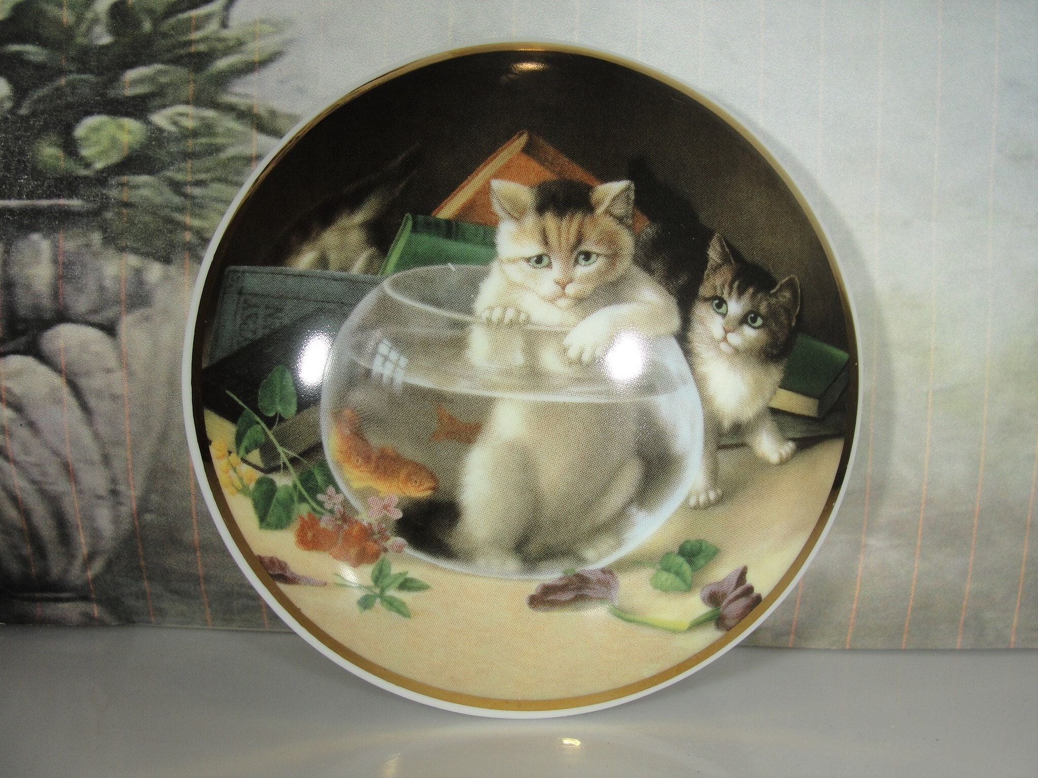FALCON CHINA Porcelain Jar & Cover - Kitty Fishing in a Fishbowl Scene  Trinket Box - Vanity Jar - Powder Jar - Candy Jar - Vintage Jar / Box
