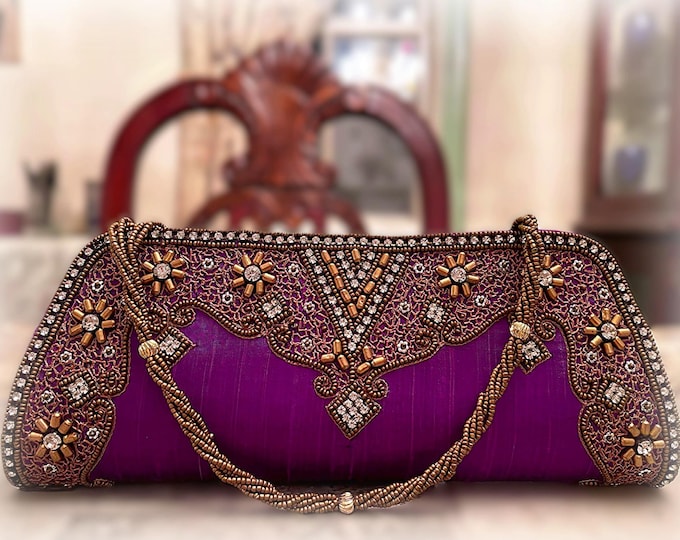 Vintage Bejeweled and Beaded Purple Slim Clutch Purse – Evening Purse – Formal Purse – Prom Accessory – Slim Purse – Vintage Purse