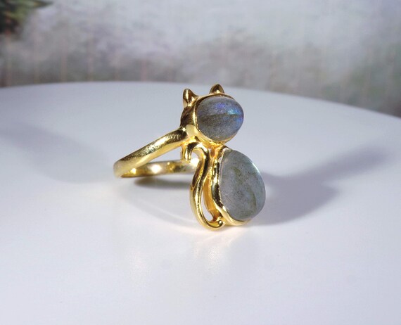 Labradorite Cat Ring – Gold Vermeil Bluish Gray C… - image 2