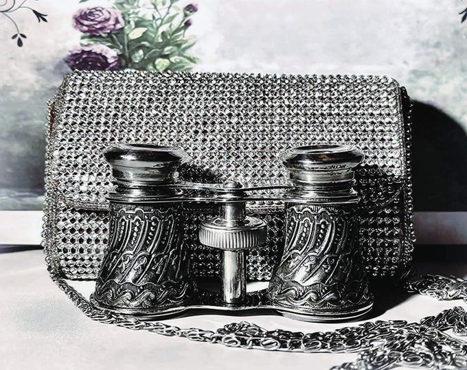 Opera Glasses – Occupied Japan Post WWII 2.5X Magnification Opera Glasses - Repousse Metal Work Design – Rhinestone Encrusted Purse Case
