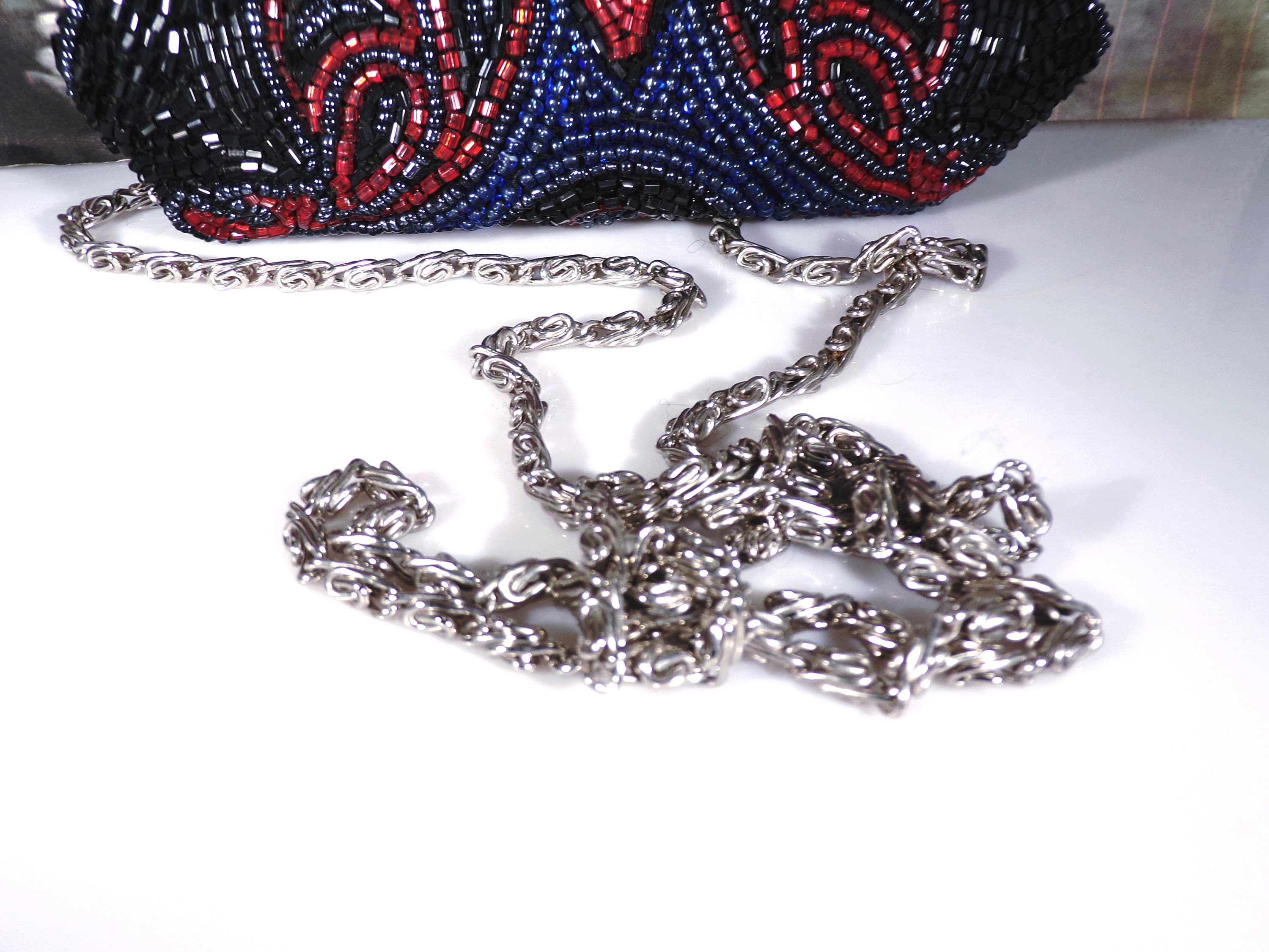Christiana vintage beaded evening purse with attached mirror India silk  lined