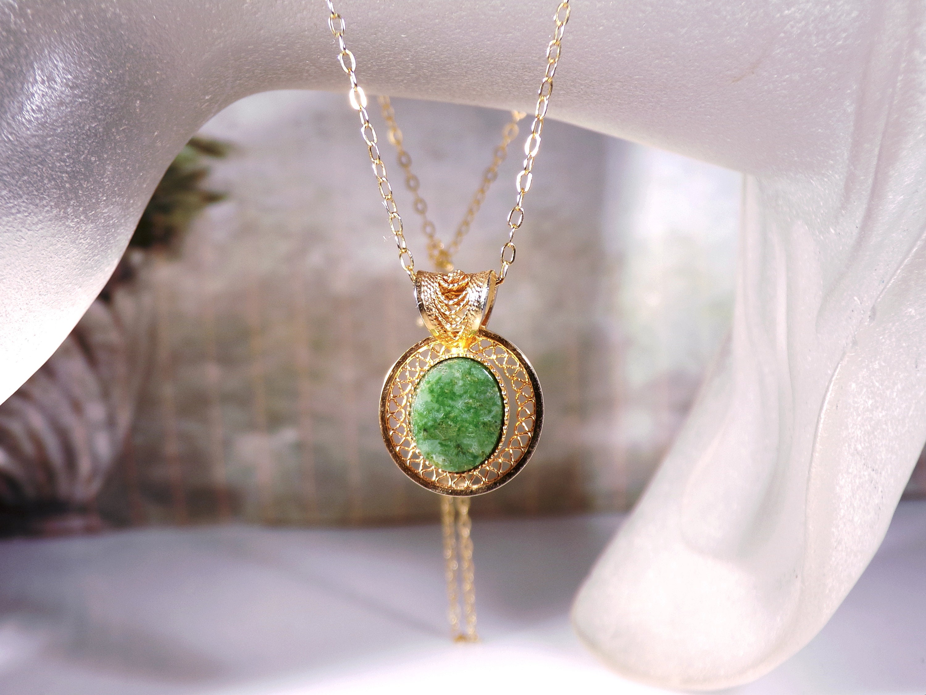 12K Gold Filled Green Jade Necklace, Genuine Oval Cut Jade Stone, 16