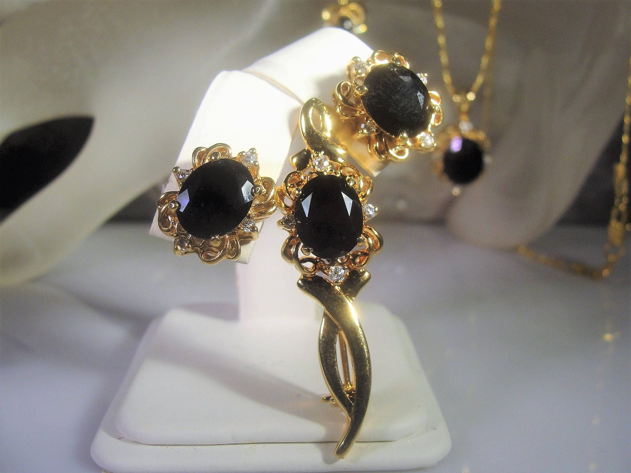 Black Onyx Jewelry Set, Faux Onyx and Rhinestone Jewelry Set, Onyx