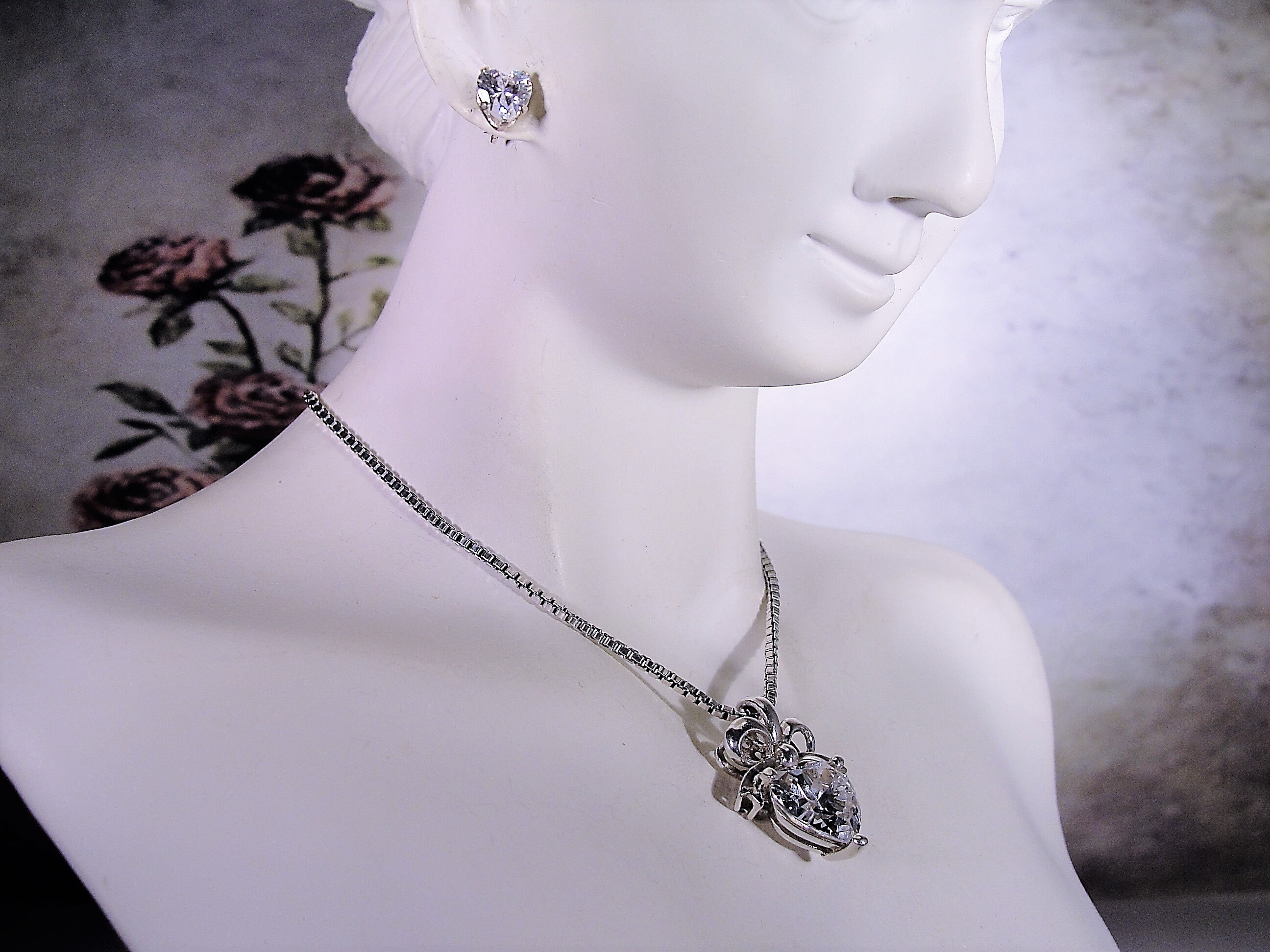 Sterling Silver CZ Heart Necklace and Earrings Set, Womens Jewelry Set