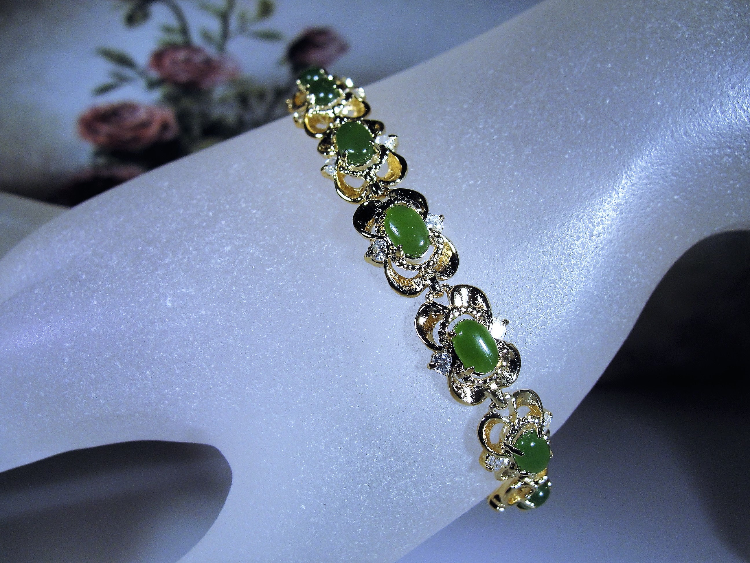 Green Jade Cabochon and Clear Crystal Link Bracelet, Jade Bracelet
