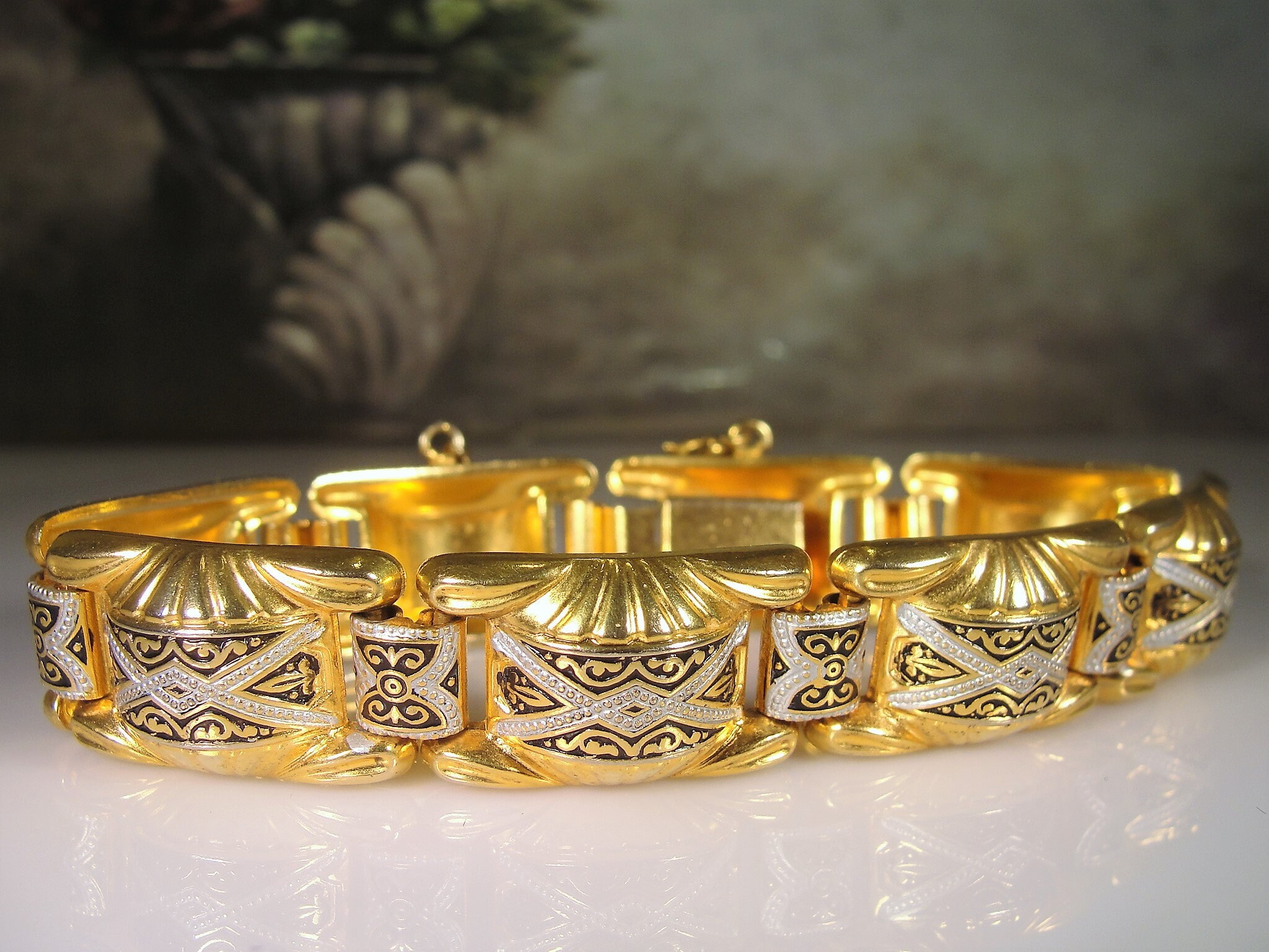 Damascene Bracelet, Gold Tone Damascene Bracelet, Black Acid Design ...