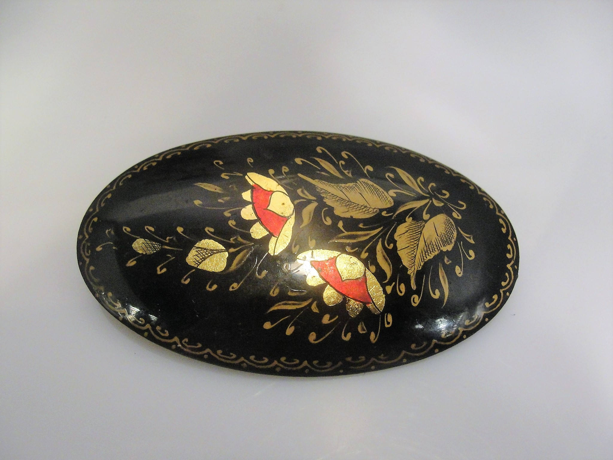 Gutta Percha Hand Painted Gold Gilt Mourning Brooch, Vulcanite Brooch