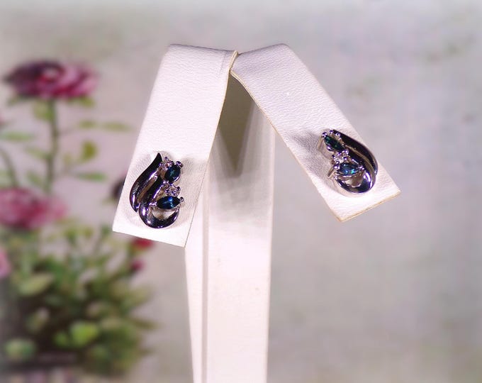 14k White Gold Marquise Cut Dark Blue Sapphire and Diamond Earrings – Genuine Diamonds -- Womens Post Earrings – Vintage Earrings