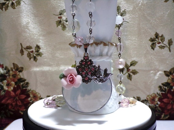 Vintage Magnifying Glass Pendant Necklace: Hummingbird, Rhinestone, Pearl Beaded Chain