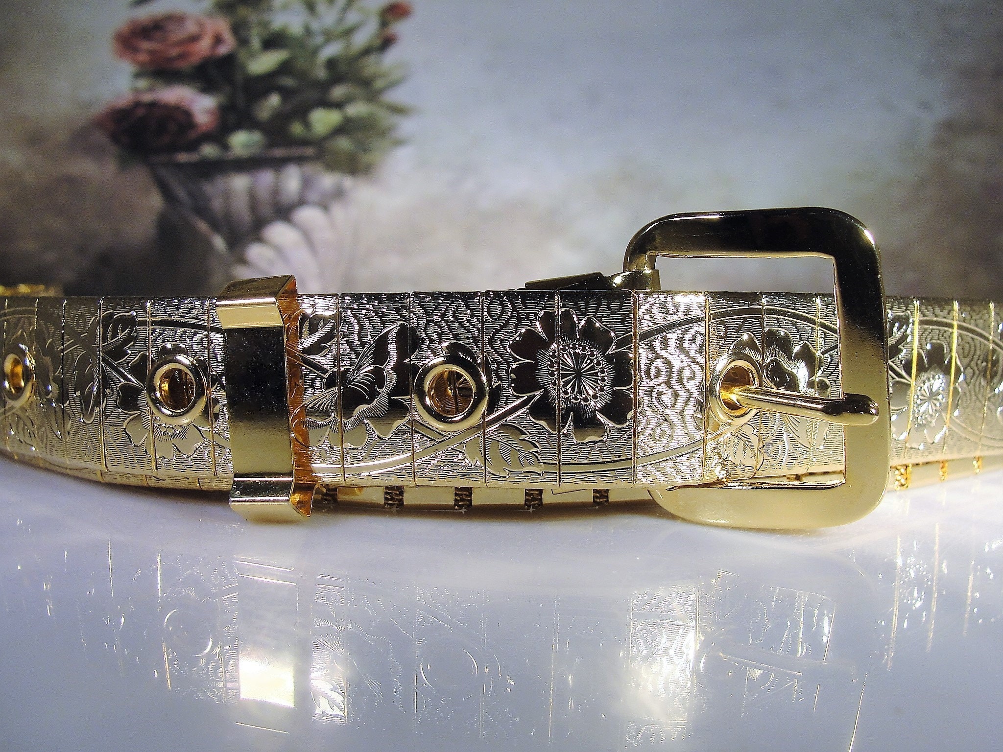 Vintage Floral Embossed Chased Gold Metal Belt, 33 Inches Long