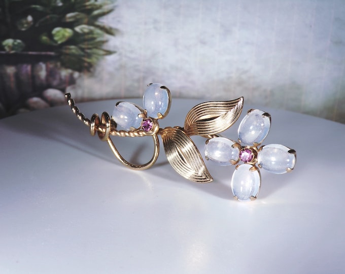 Elegant 1/20 12K Gold Filled Flower Brooch by VAN DELL, Opalite Moonstone Petals with Pink Rhinestone Centers, Vintage Flower Brooch