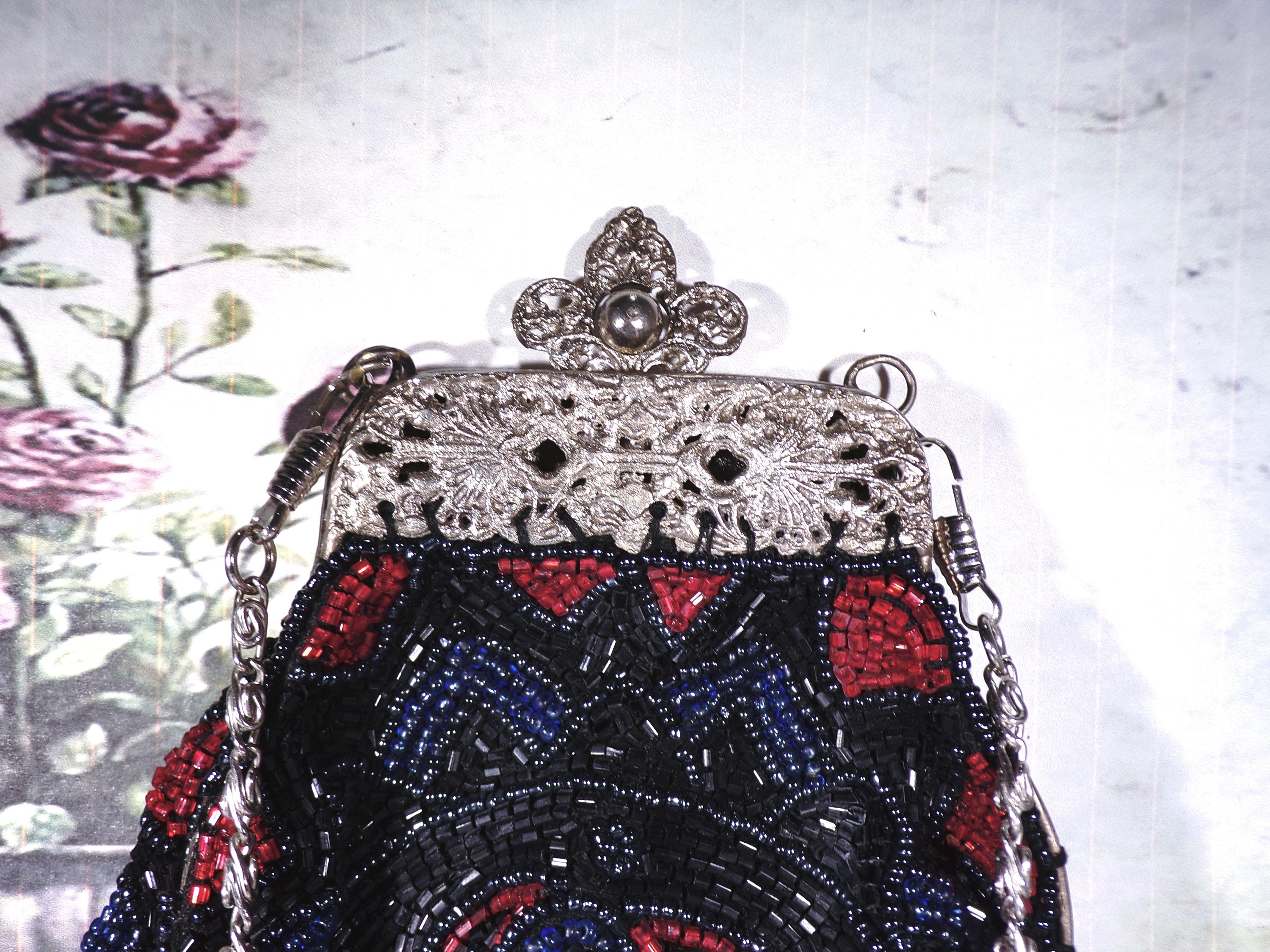 Christiana vintage beaded evening purse with attached mirror India silk  lined