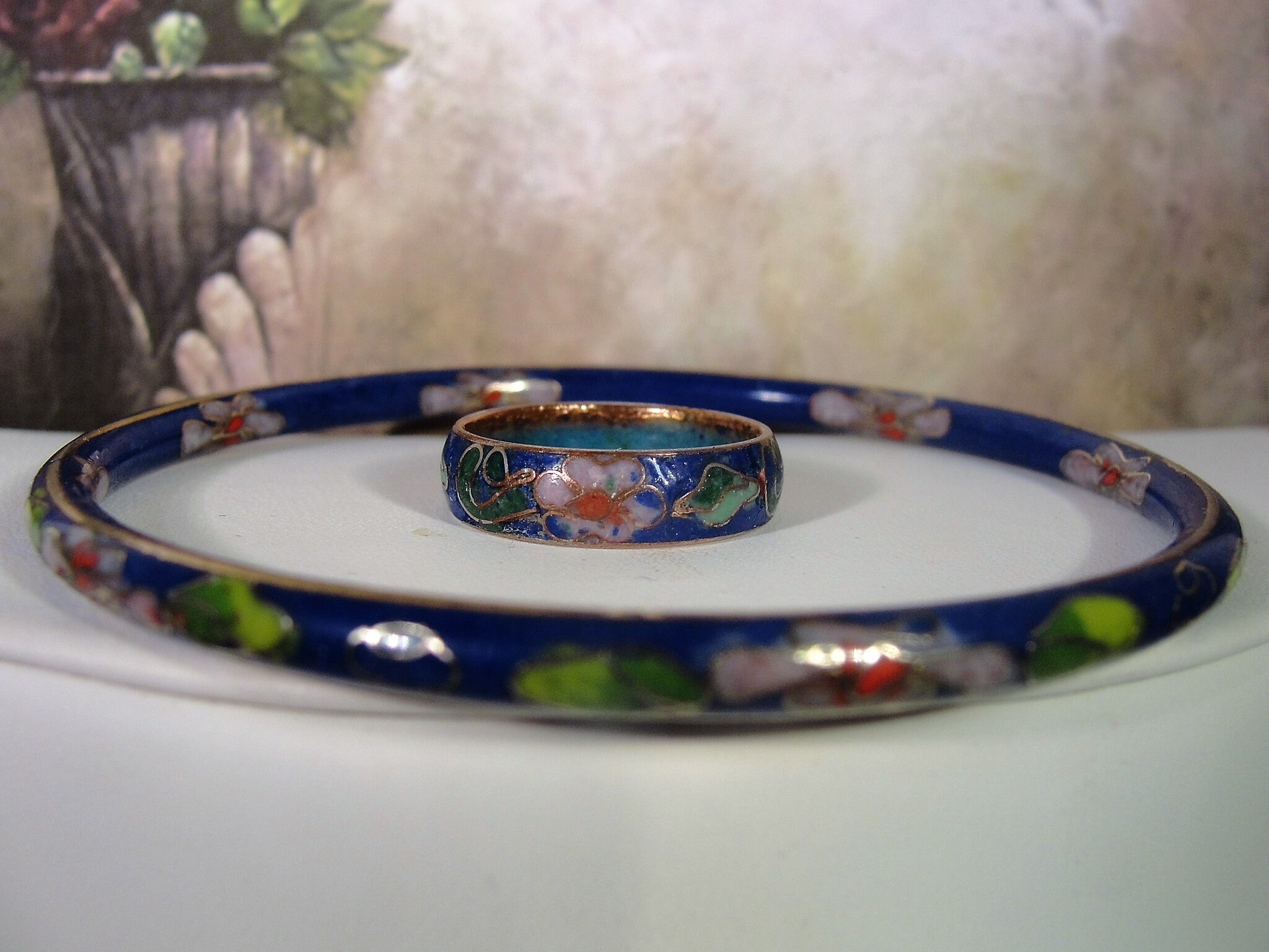Reserved for Elyse Cloisonne Ring, Chinese Cloisonné Ring, Blue with Pink and Green