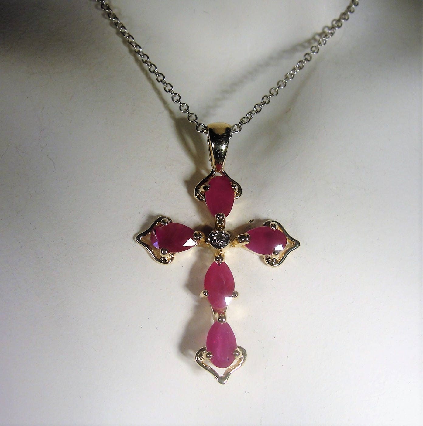 Ruby Cross Necklace, 14K Ruby and Diamond Cross Necklace, Cross Pendant