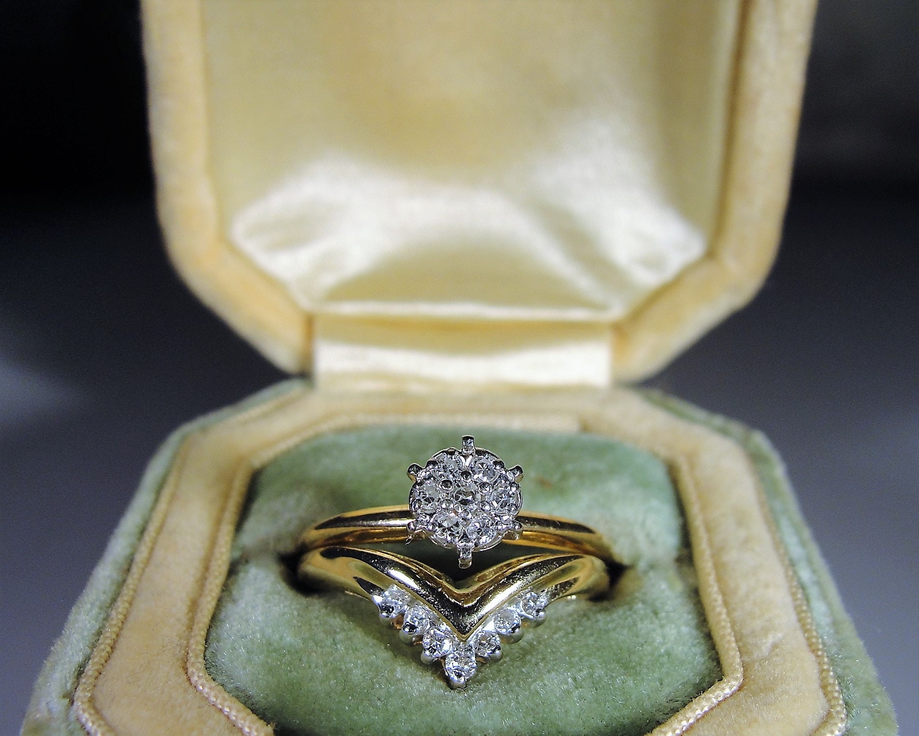 Bridal Ring Set, 14K Gold Diamond Cluster Engagement Ring, Diamond - Chevron Wedding Band With Engagement Ring