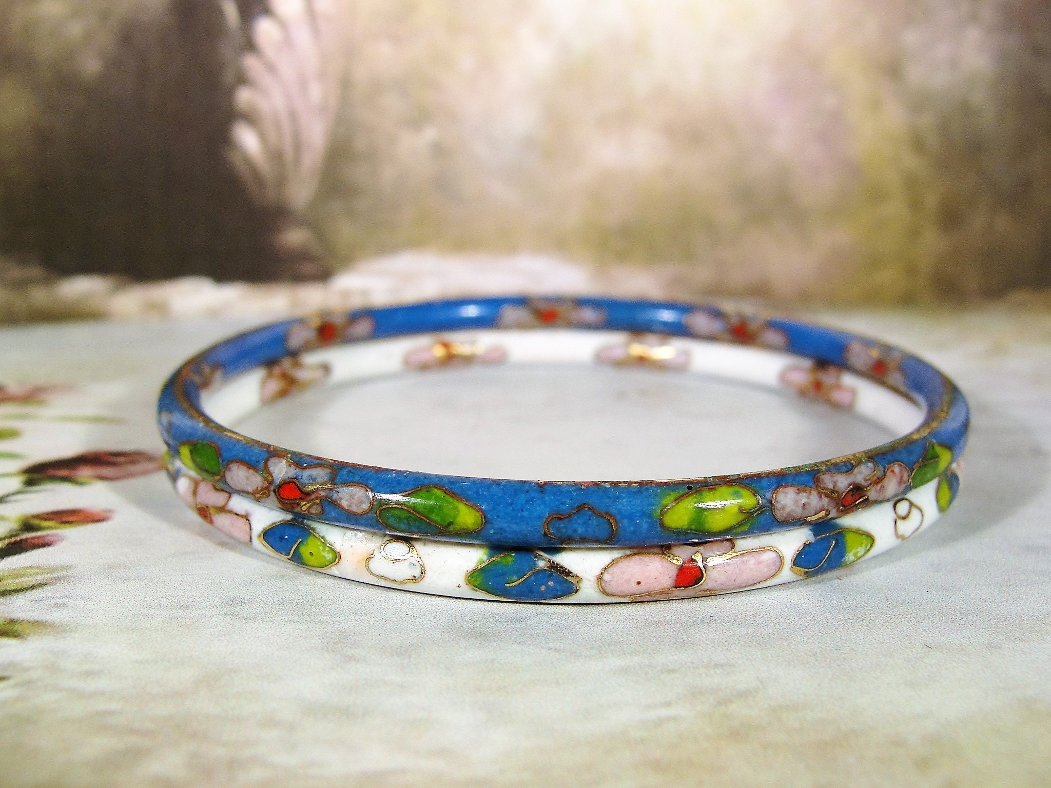 One Pair of Flowered Cloisonné Blue and White Bangle Bracelets