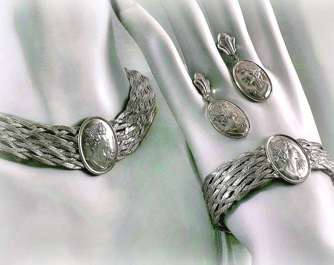 Milor Cameo Set of 3 - Choker - Bracelet - Earrings - Basket Weave - 925 Sterling Silver – Vintage Circa 1990s