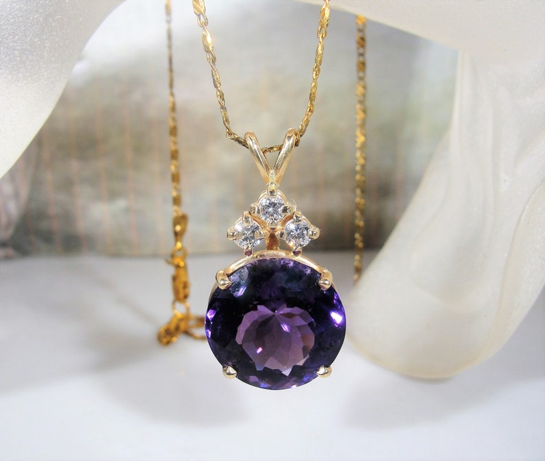 Amethyst & Diamond Pendant, 14K Yellow Gold Purple Amethyst and Diamond Pendant, Natural Amethyst and Diamonds, Vintage Pendant image 8