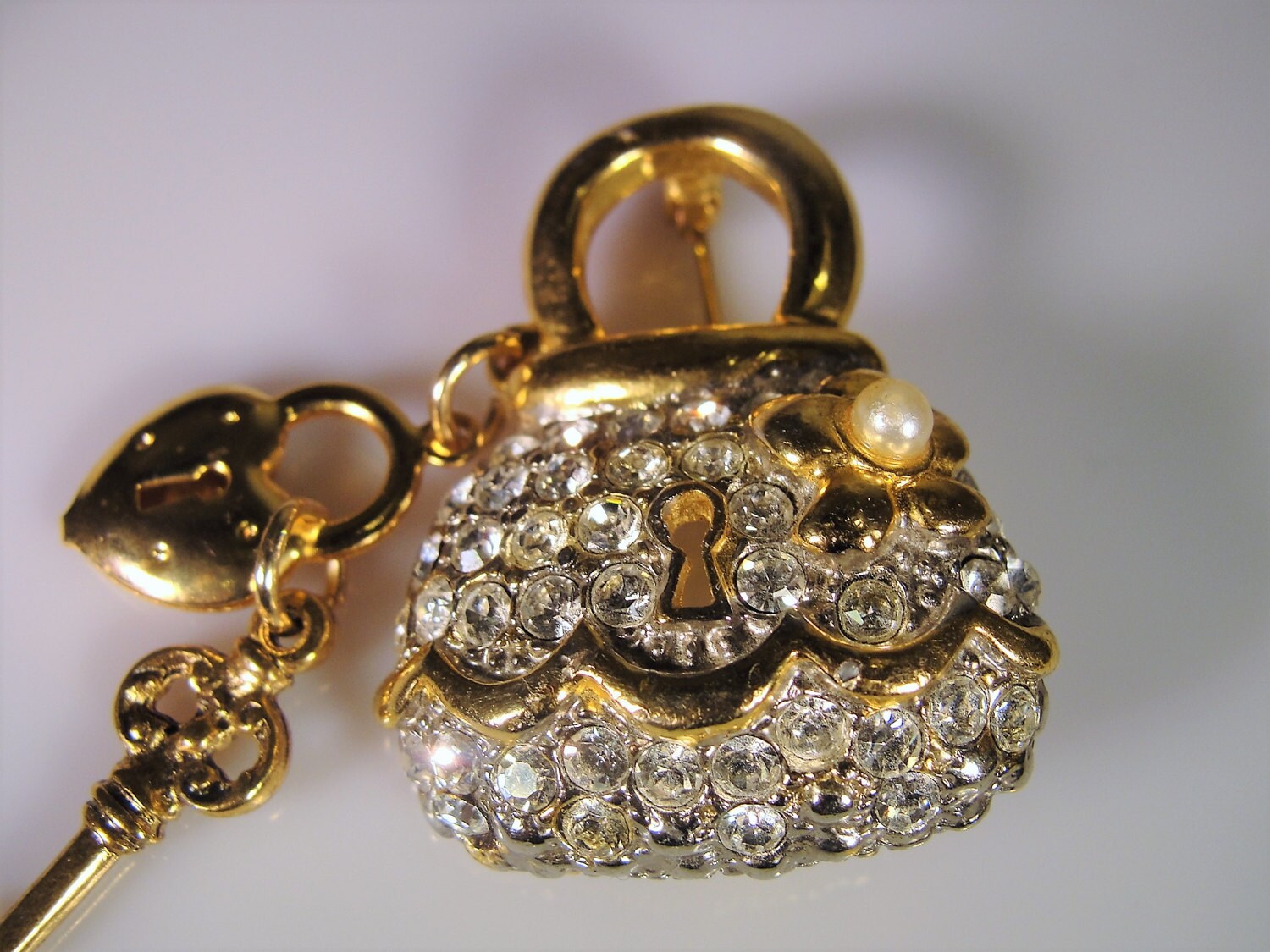 Purse Key Brooch, Rhinestone Brooch, Rhinestone Handbag Brooch, Key