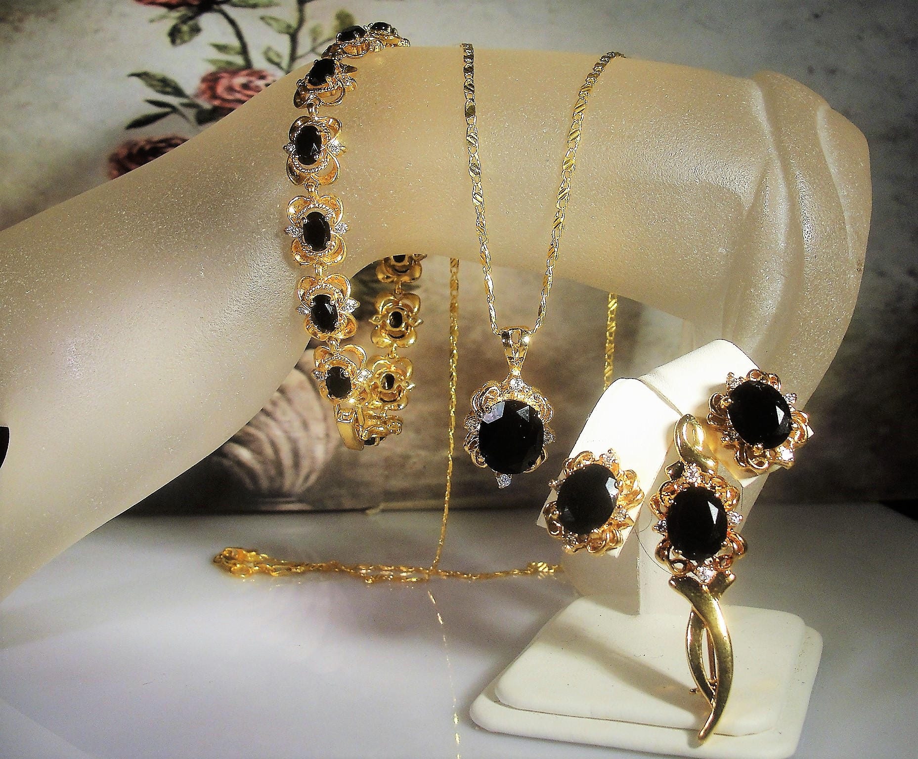 Black Onyx Jewelry Set, Faux Onyx and Rhinestone Jewelry Set, Onyx