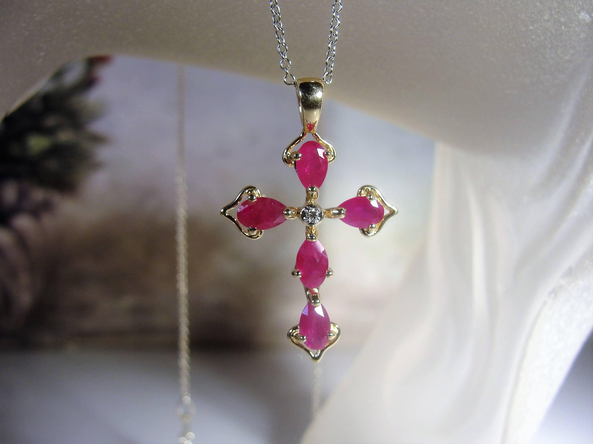 Ruby Cross Necklace, 14K Ruby and Diamond Cross Necklace, Cross Pendant