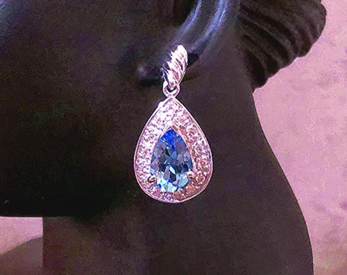 London Blue Topaz & Diamond Earrings – 14K White Gold Pear Shaped London Blue Topaz Gemstones Haloed by Genuine Diamonds – Vintage Earrings