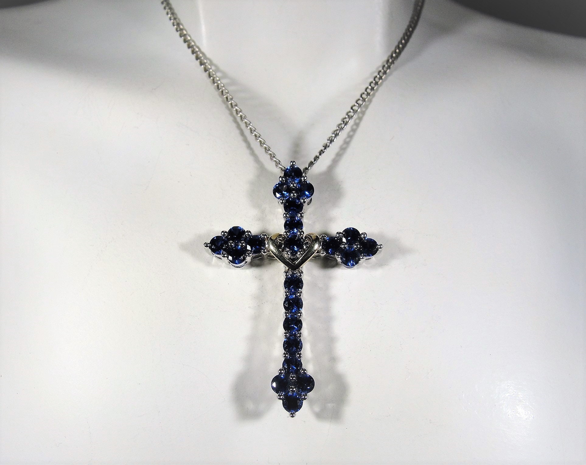 Sapphire Cross Necklace, Sterling Silver and 10K Gold Blue Sapphire
