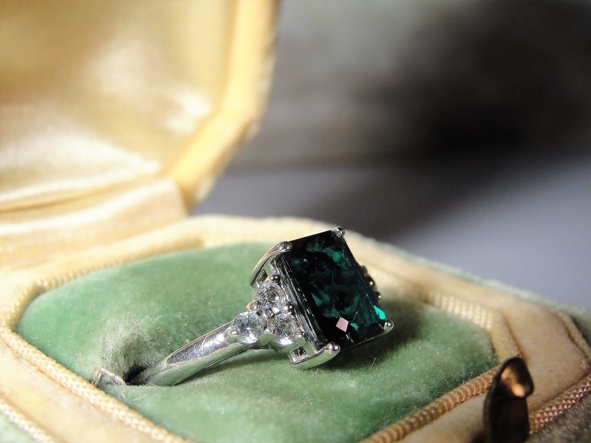 Lab Created Green Emerald Sterling Silver Ring, Emerald Cut, CZ Accent Gems, Sterling Silver