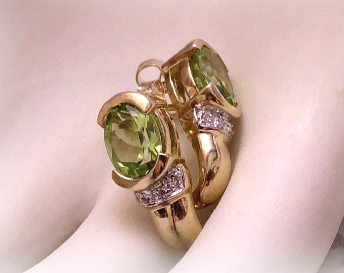 Peridot and Diamond Earrings - 10K Yellow Gold Light Green Peridot & Diamond Half Huggee Stud Earrings – Womens Earrings – Vintage Earrings