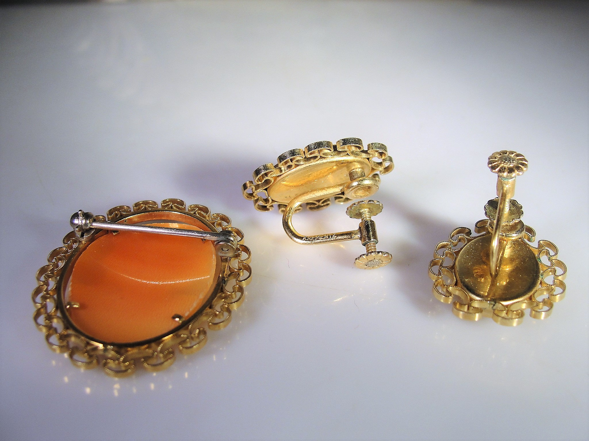 Brooch and Earrings Set, Vintage KREMENTZ Genuine Carved Shell Cameo