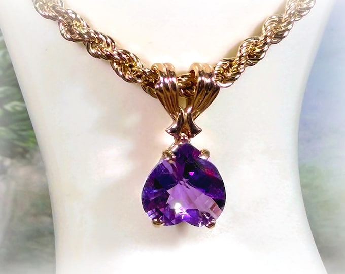 14K Yellow Gold Purple Amethyst Heart Gemstone Pendant with Twisted Cable Chain – Fine Jewelry