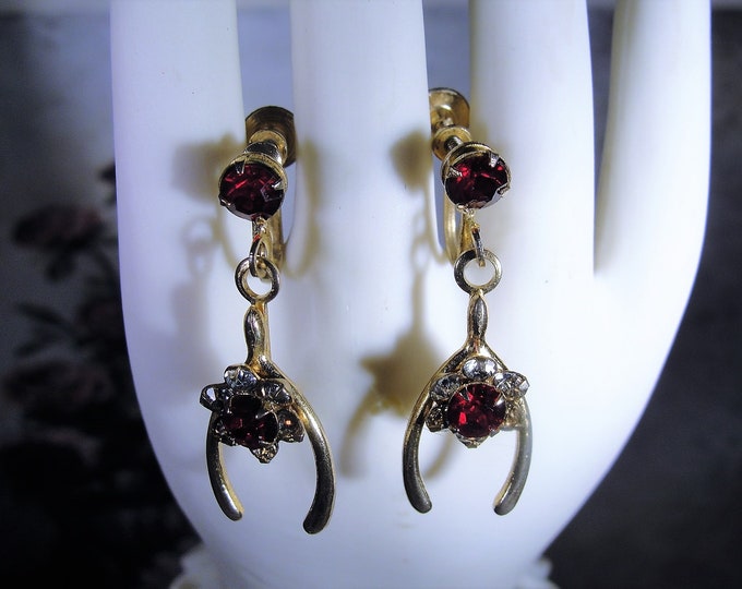 Dark Red Earrings - Screw Back Earrings - Wishbone Flower Gold Tone Earrings - Red Flower Accents - Dangle Earrings - Vintage Earrings