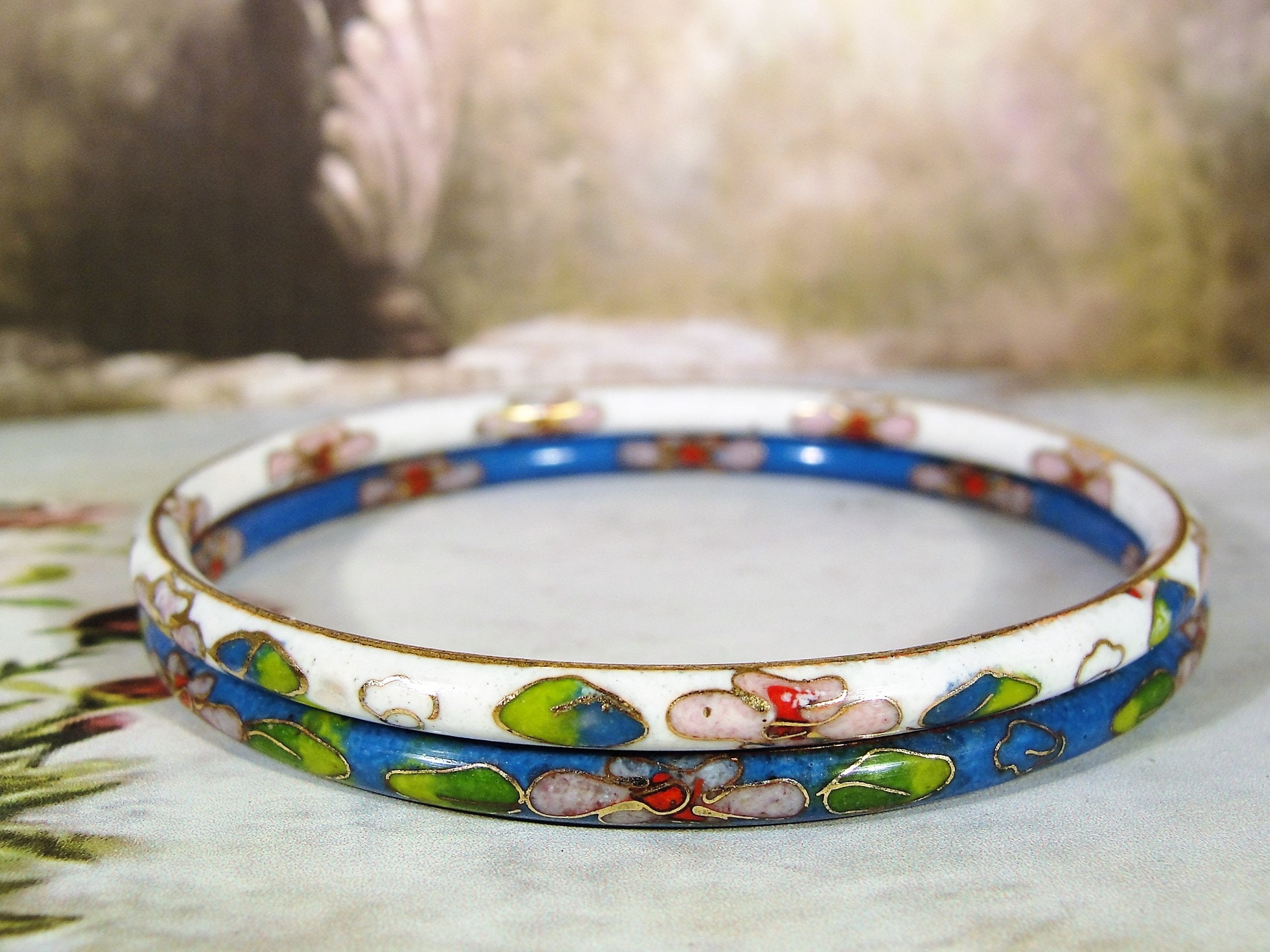 One Pair of Flowered Cloisonné Blue and White Bangle Bracelets