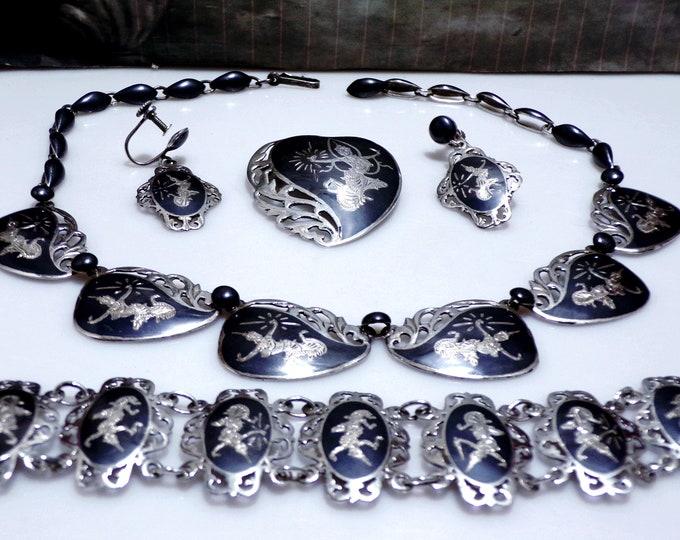 SIAM Thai Niello Mekala Jewelry Set - The Goddess of Lightning - Thai Mythology Jewelry Set - Sterling Silver 4 Piece Set - Vintage Set