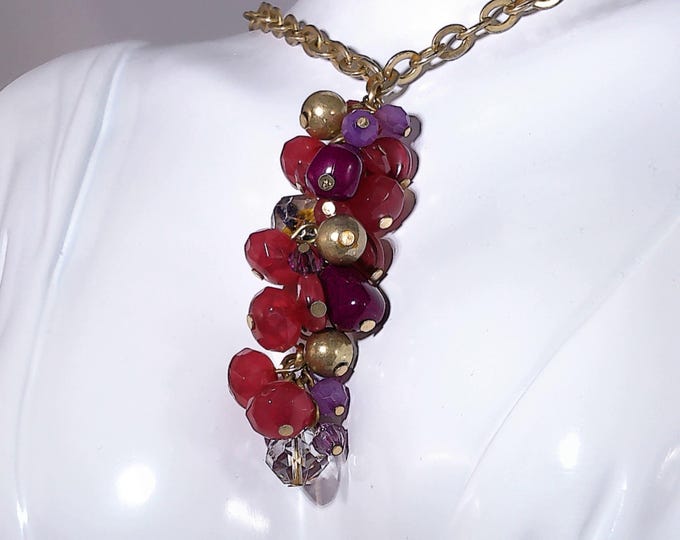Women’s Berry Hued Bead Clustered Necklace with Gold Chain Accent – Adjustable to 35 inches - Vintage